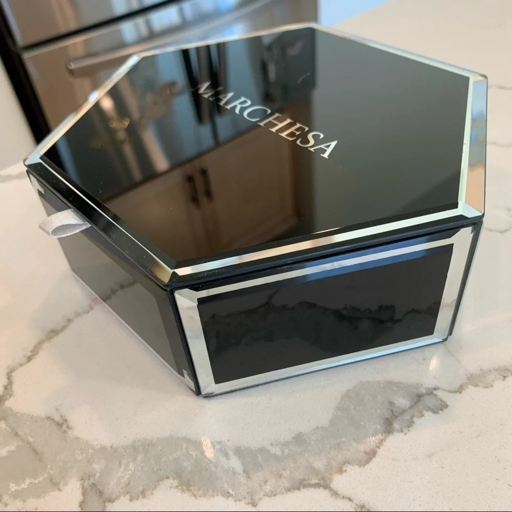 Marchesa Black Hexagon Mirrored Glass Velvet-Lined Jewelry Vanity Trinket Box